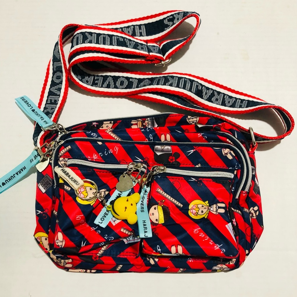 Harajuku Lovers Red and Navy Striped Crossbody Bag with Character Print